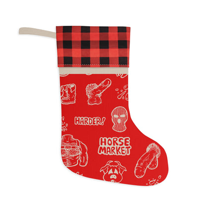 Adult Christmas Stocking — Red Buffalo Plaid Cuff with 'Horse Market' & Naughty Doodles