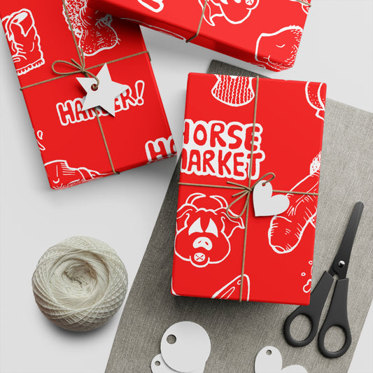 Edgy Red Novelty Wrapping Paper Sheet — 'Horse Market' Graphic Pattern with Bold Sayings