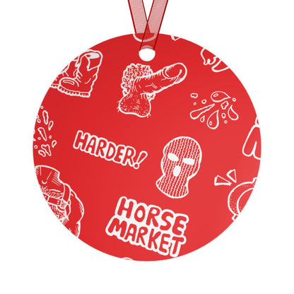 Metal Ornament — Red Horse Market Pattern Bell Ornament (Novelty Graphic, 'Horse Market' Design)