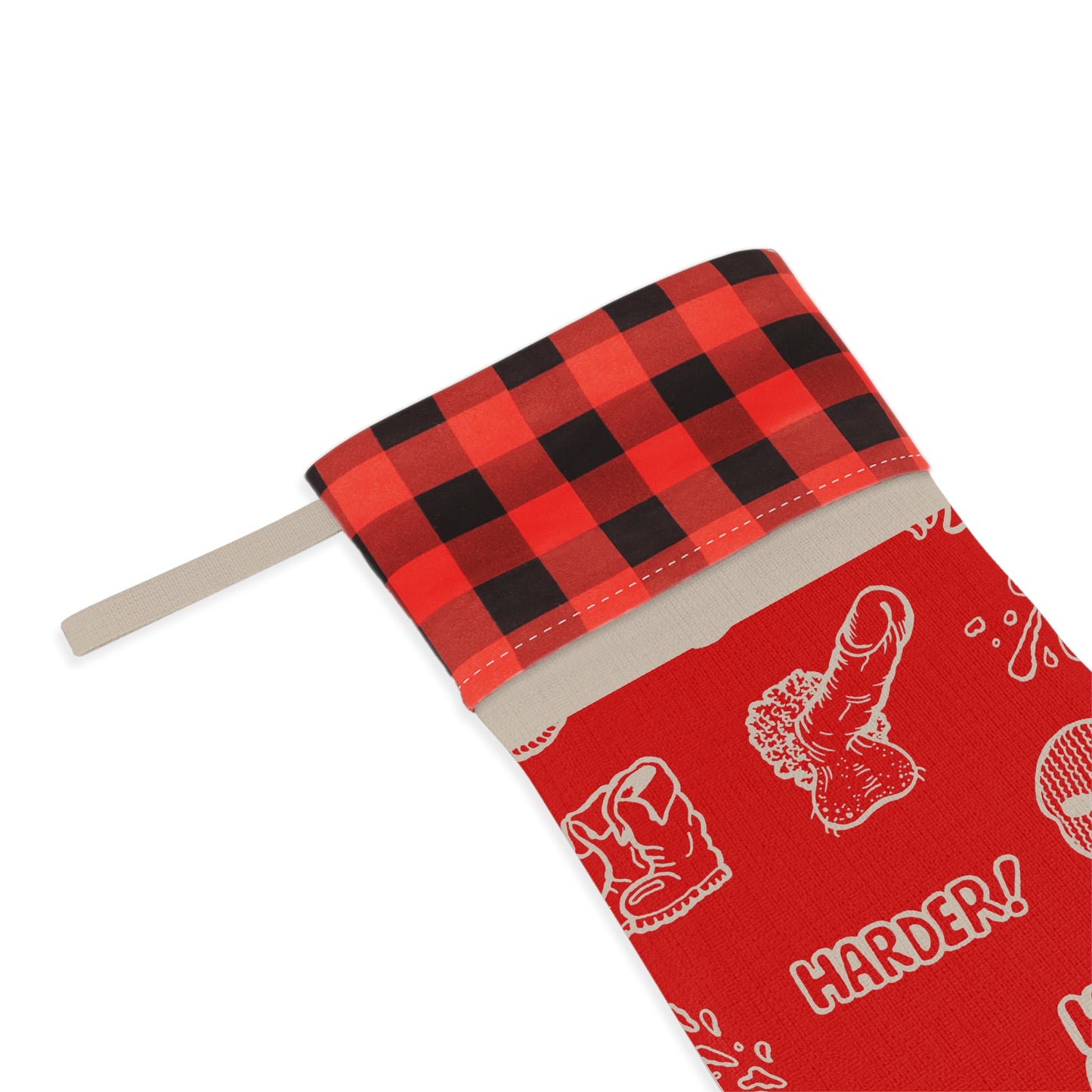 Adult Christmas Stocking — Red Buffalo Plaid Cuff with 'Horse Market' & Naughty Doodles
