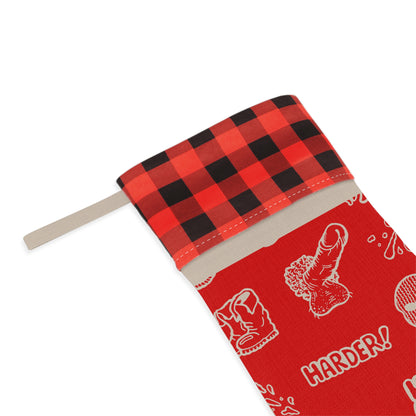 Adult Christmas Stocking — Red Buffalo Plaid Cuff with 'Horse Market' & Naughty Doodles