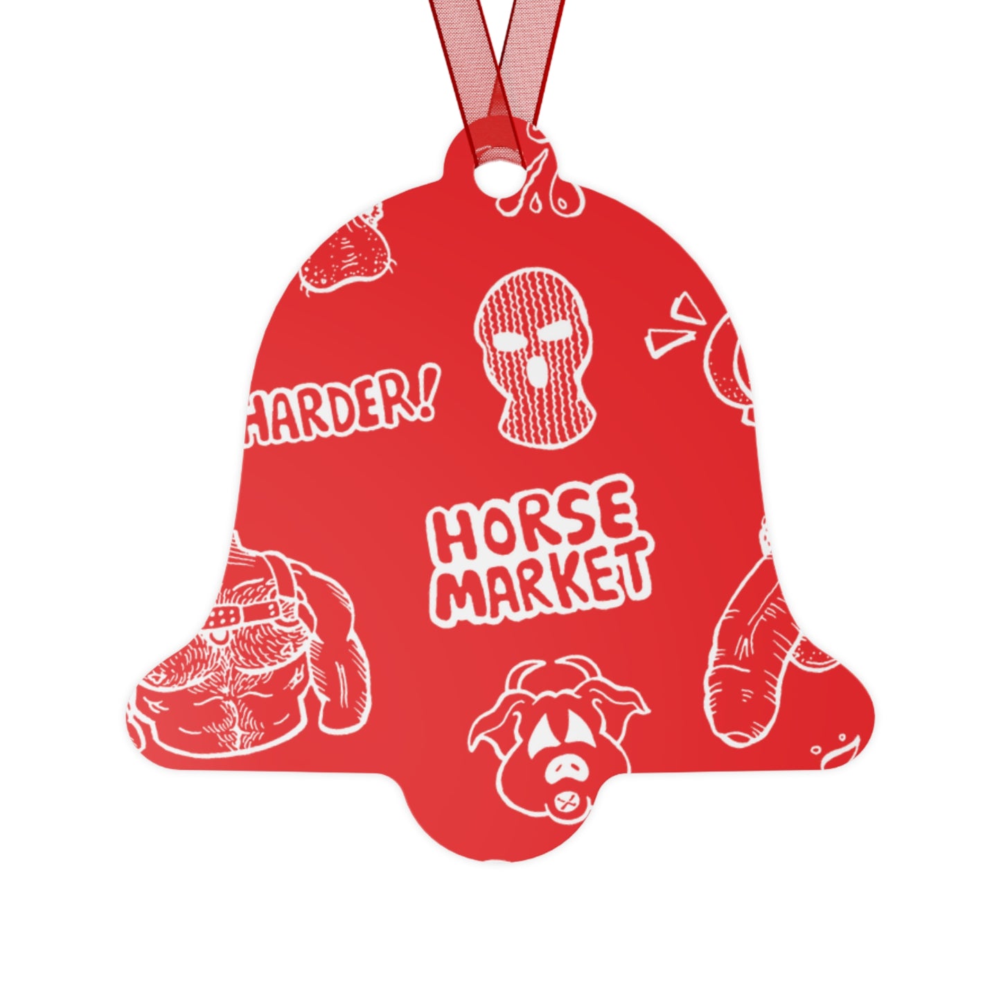 Metal Ornament — Red Horse Market Pattern Bell Ornament (Novelty Graphic, 'Horse Market' Design)