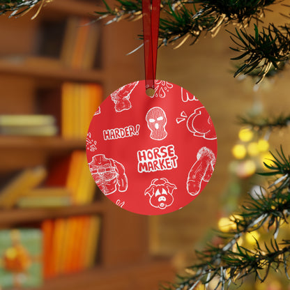 Metal Ornament — Red Horse Market Pattern Bell Ornament (Novelty Graphic, 'Horse Market' Design)