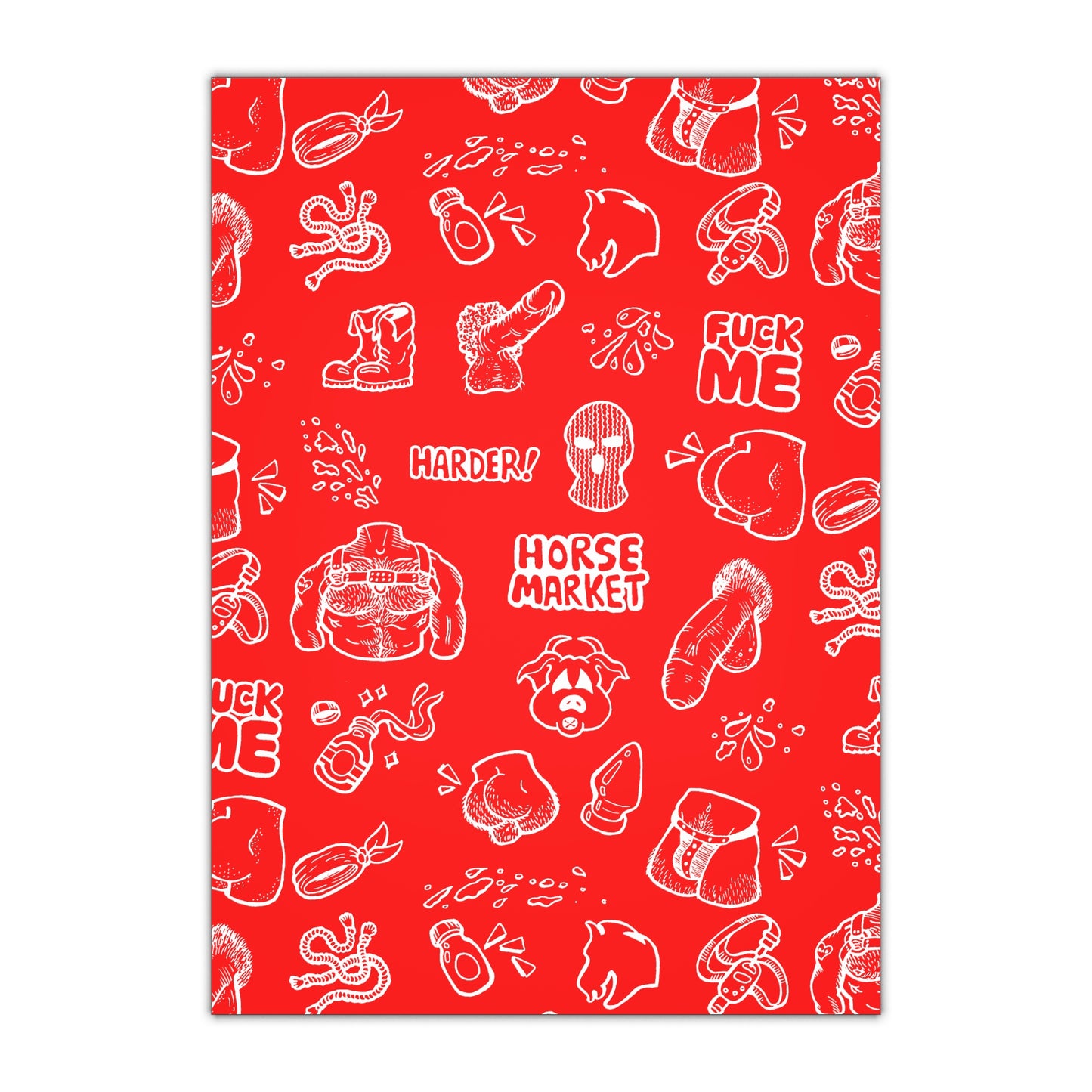 Edgy Red Novelty Wrapping Paper Sheet — 'Horse Market' Graphic Pattern with Bold Sayings