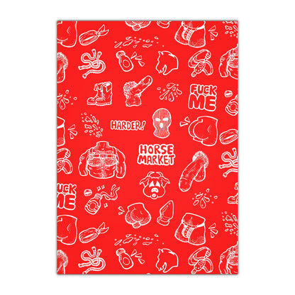 Edgy Red Novelty Wrapping Paper Sheet — 'Horse Market' Graphic Pattern with Bold Sayings