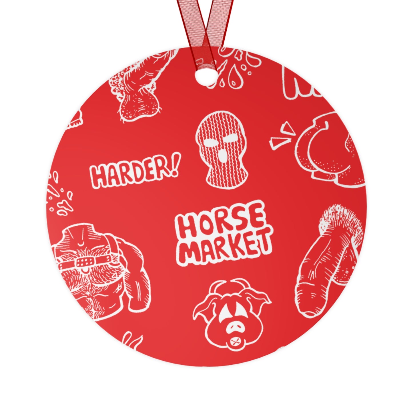 Metal Ornament — Red Horse Market Pattern Bell Ornament (Novelty Graphic, 'Horse Market' Design)