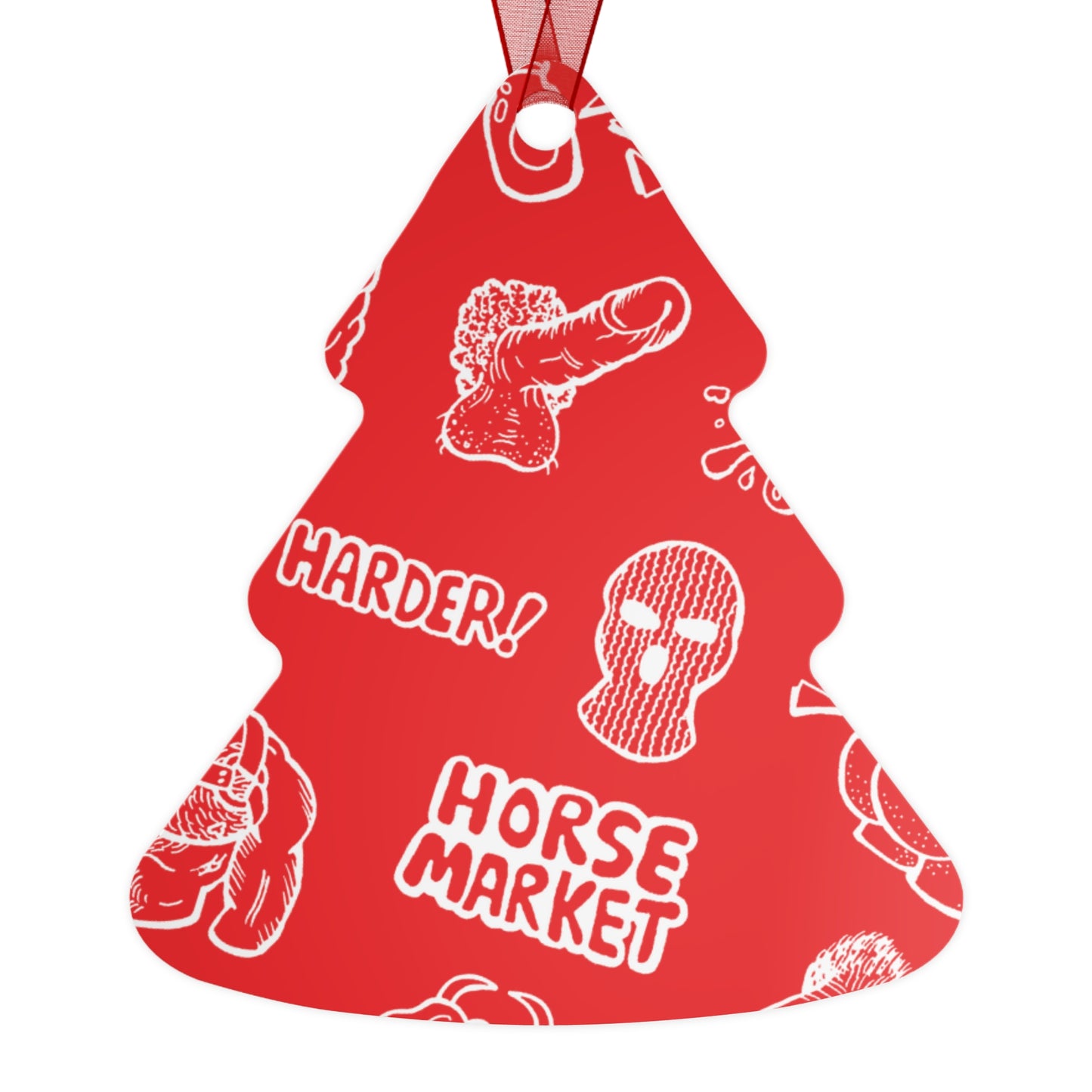 Metal Ornament — Red Horse Market Pattern Bell Ornament (Novelty Graphic, 'Horse Market' Design)