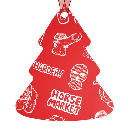 Metal Ornament — Red Horse Market Pattern Bell Ornament (Novelty Graphic, 'Horse Market' Design)