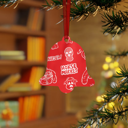 Metal Ornament — Red Horse Market Pattern Bell Ornament (Novelty Graphic, 'Horse Market' Design)