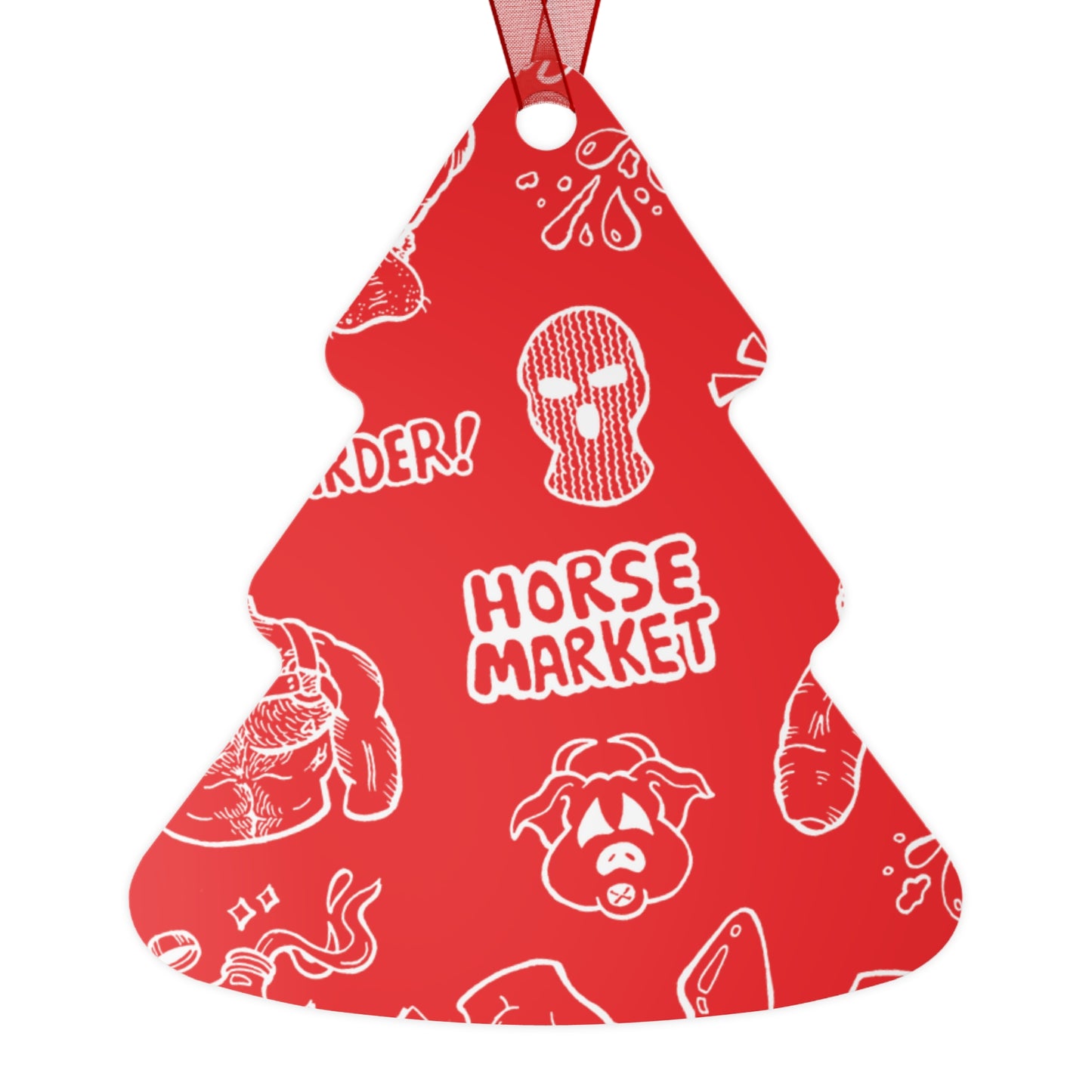Metal Ornament — Red Horse Market Pattern Bell Ornament (Novelty Graphic, 'Horse Market' Design)