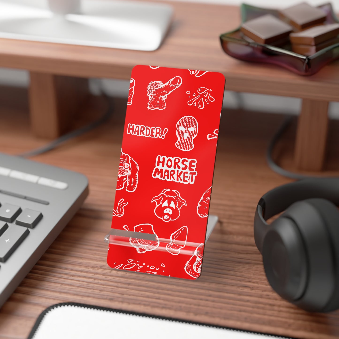 "HORSE MARKET" Patterned Mobile Display - Red Graphic Smartphone Stand