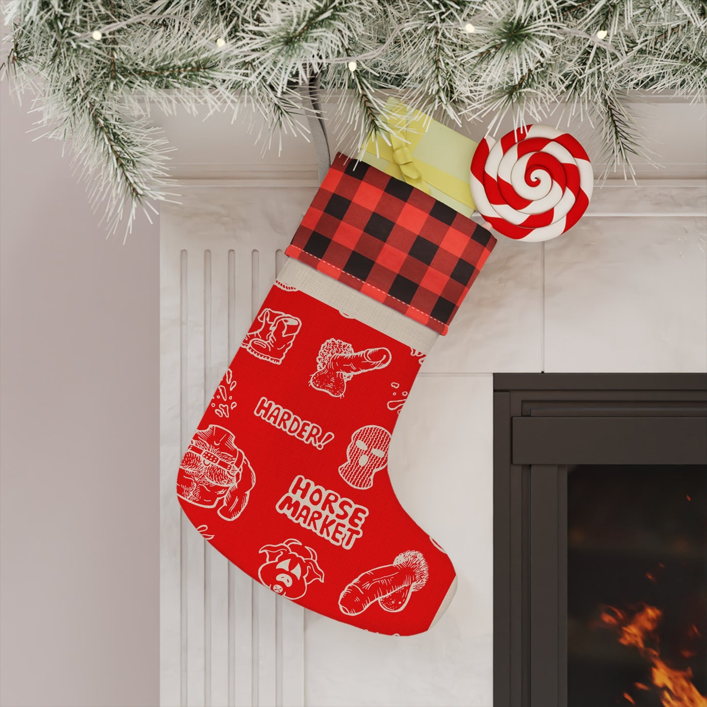 Adult Christmas Stocking — Red Buffalo Plaid Cuff with 'Horse Market' & Naughty Doodles